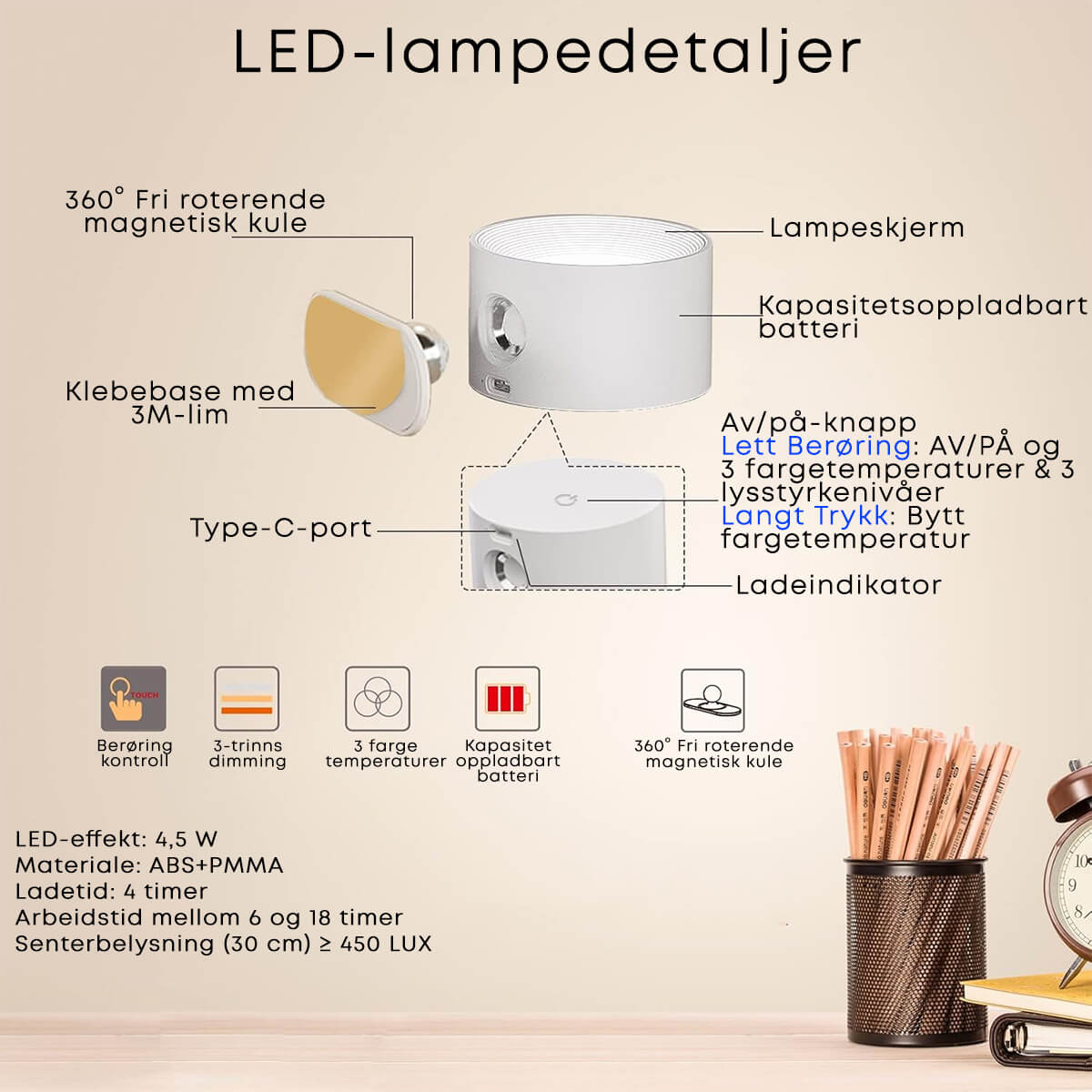 360° Tosidig Magnetisk LED Vegglampe, Oppladbar med Fjernkontroll - Bilde 4