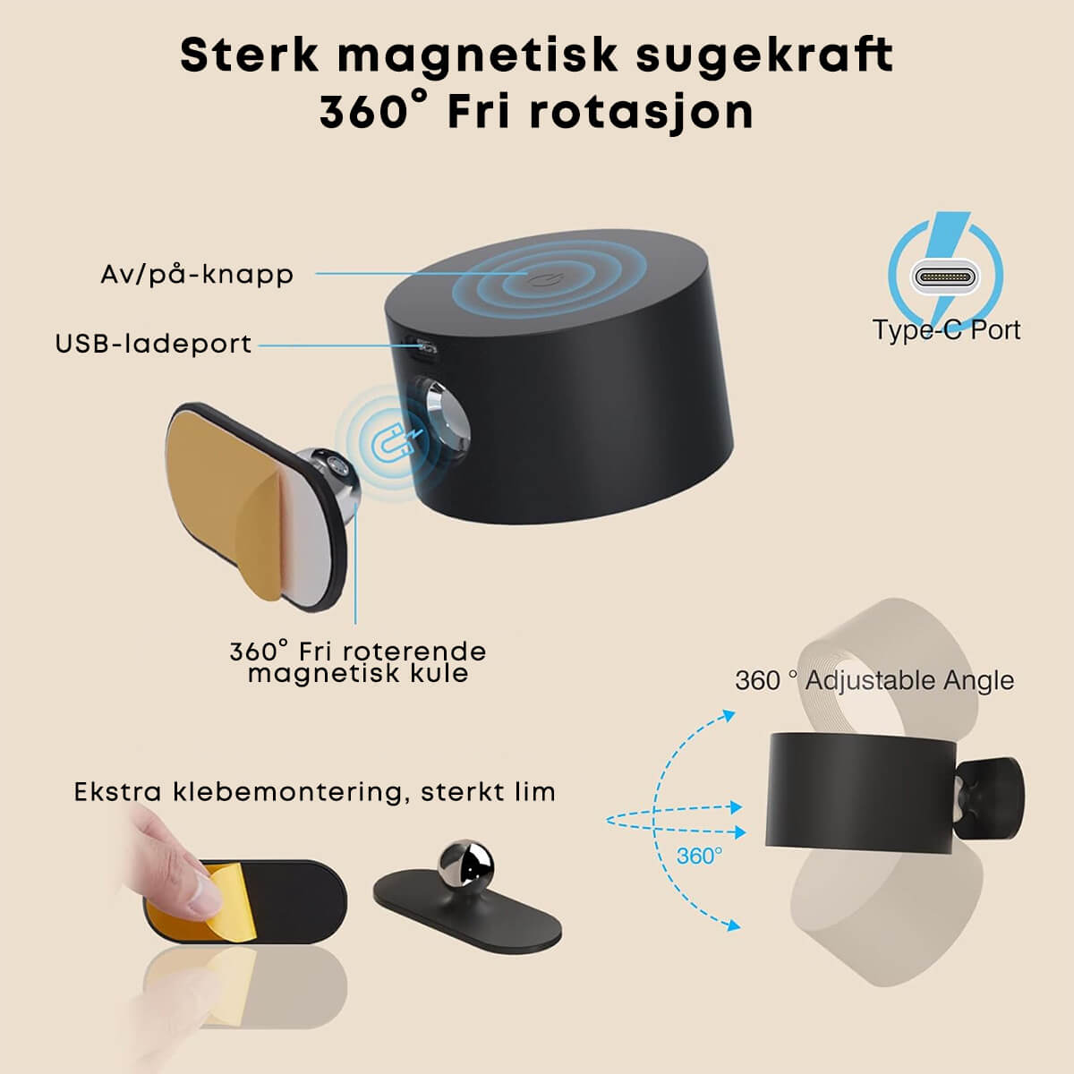 360° Tosidig Magnetisk LED Vegglampe, Oppladbar med Fjernkontroll - Bilde 3